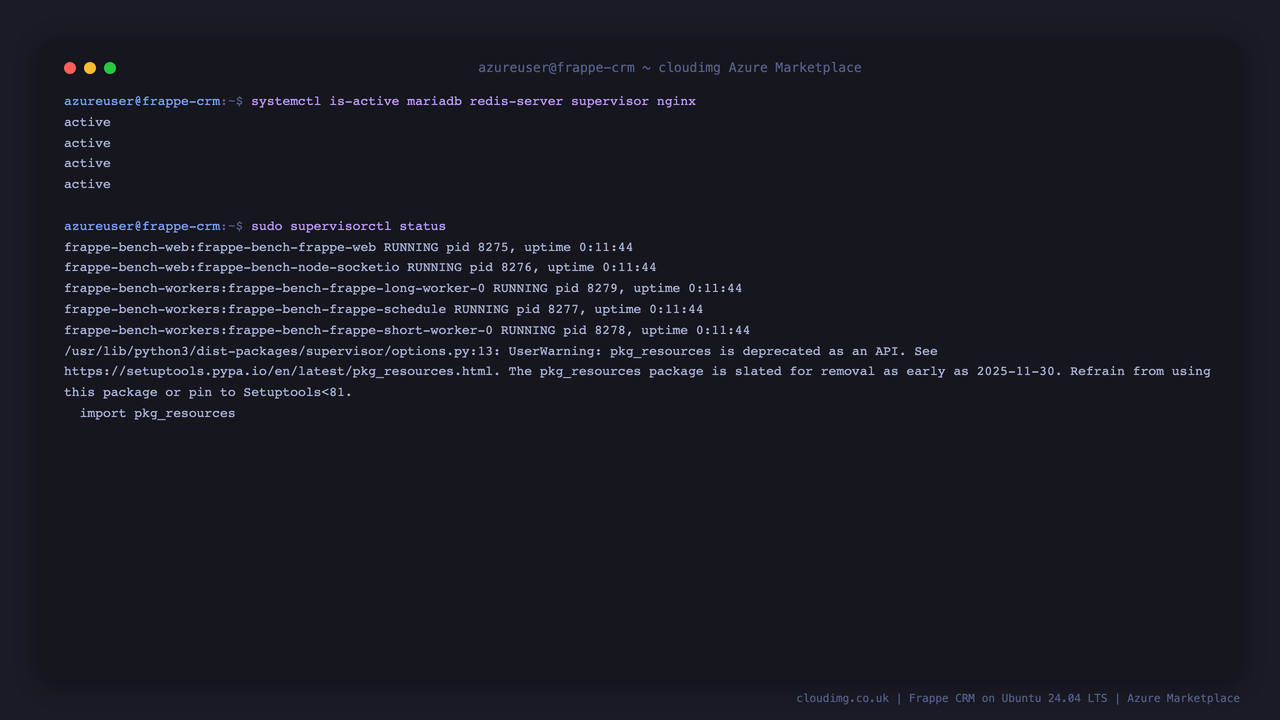Frappe CRM service status on Ubuntu 24.04