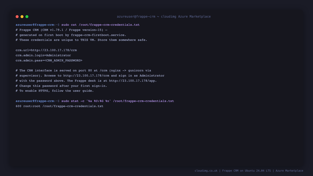 Per-VM Frappe CRM credentials file