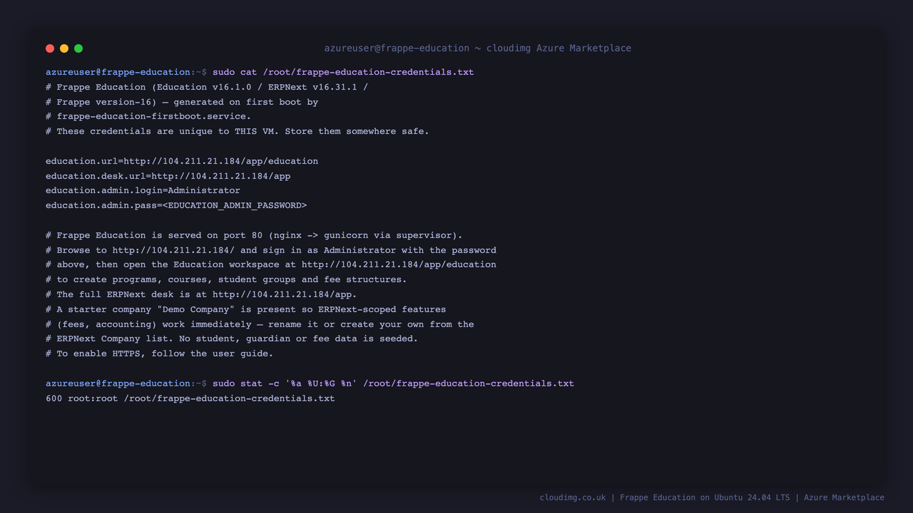 Per-VM Frappe Education credentials file