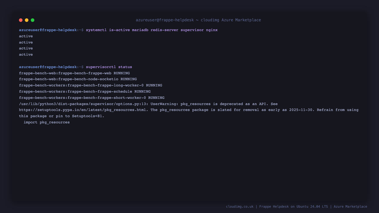 Frappe Helpdesk service status on Ubuntu 24.04