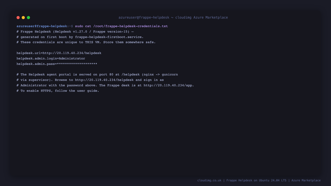 Per-VM Frappe Helpdesk credentials file