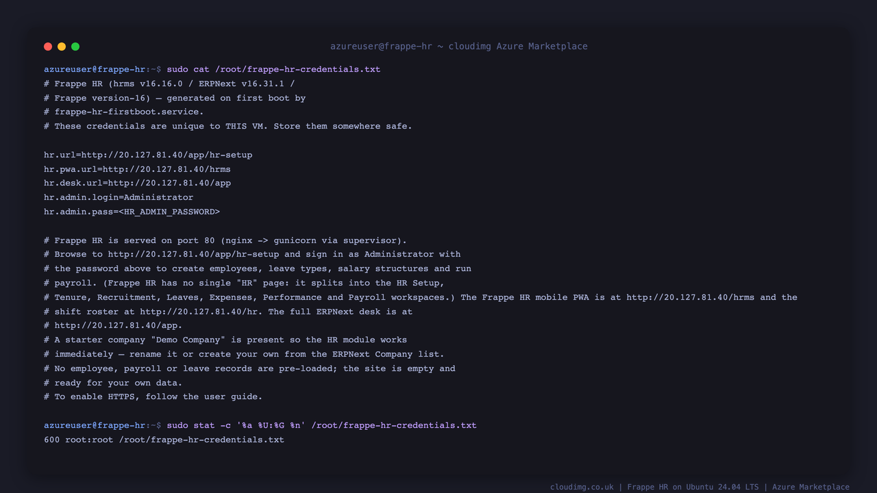 Per-VM Frappe HR credentials file
