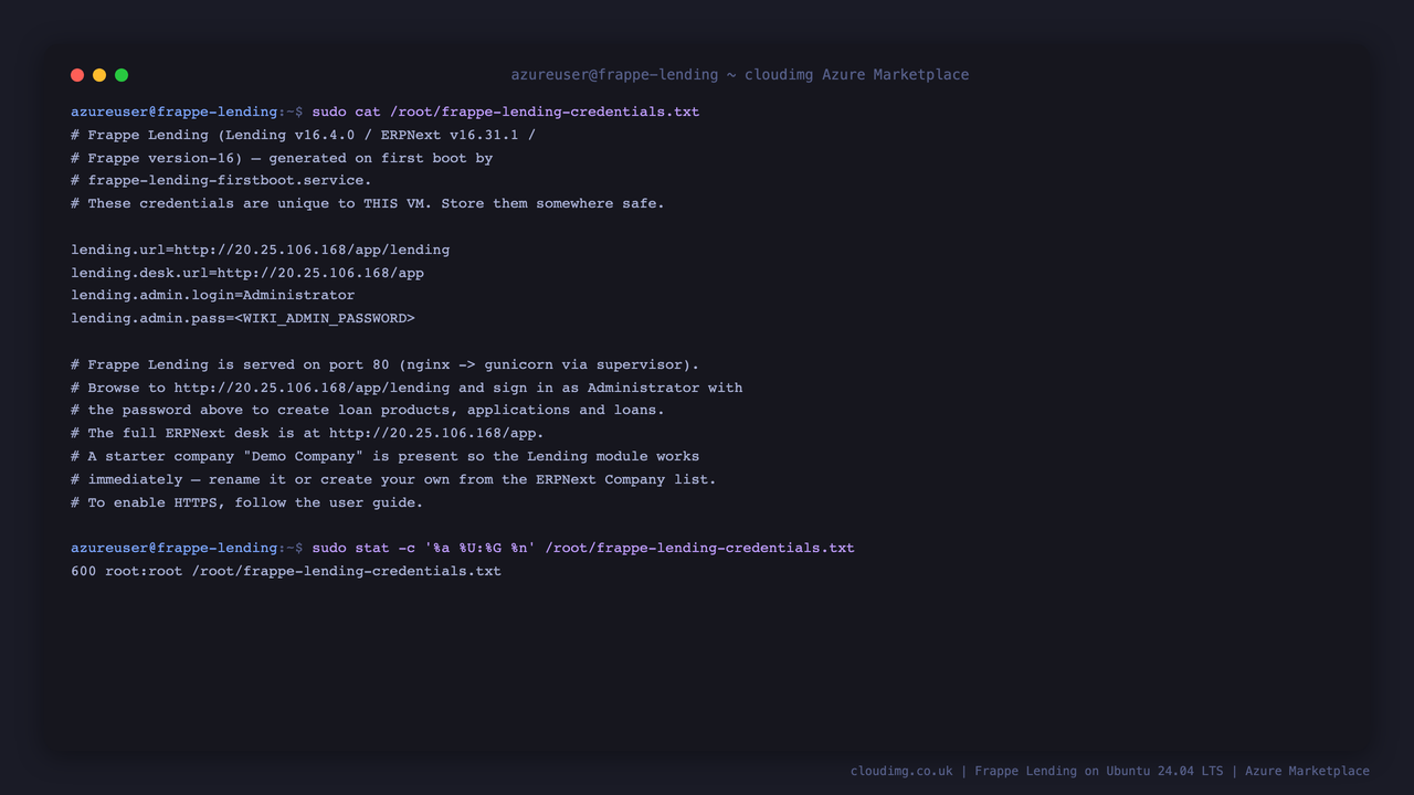 Per-VM Frappe Lending credentials file