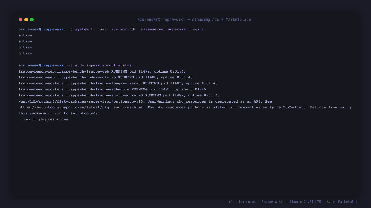 Frappe Wiki service status on Ubuntu 24.04