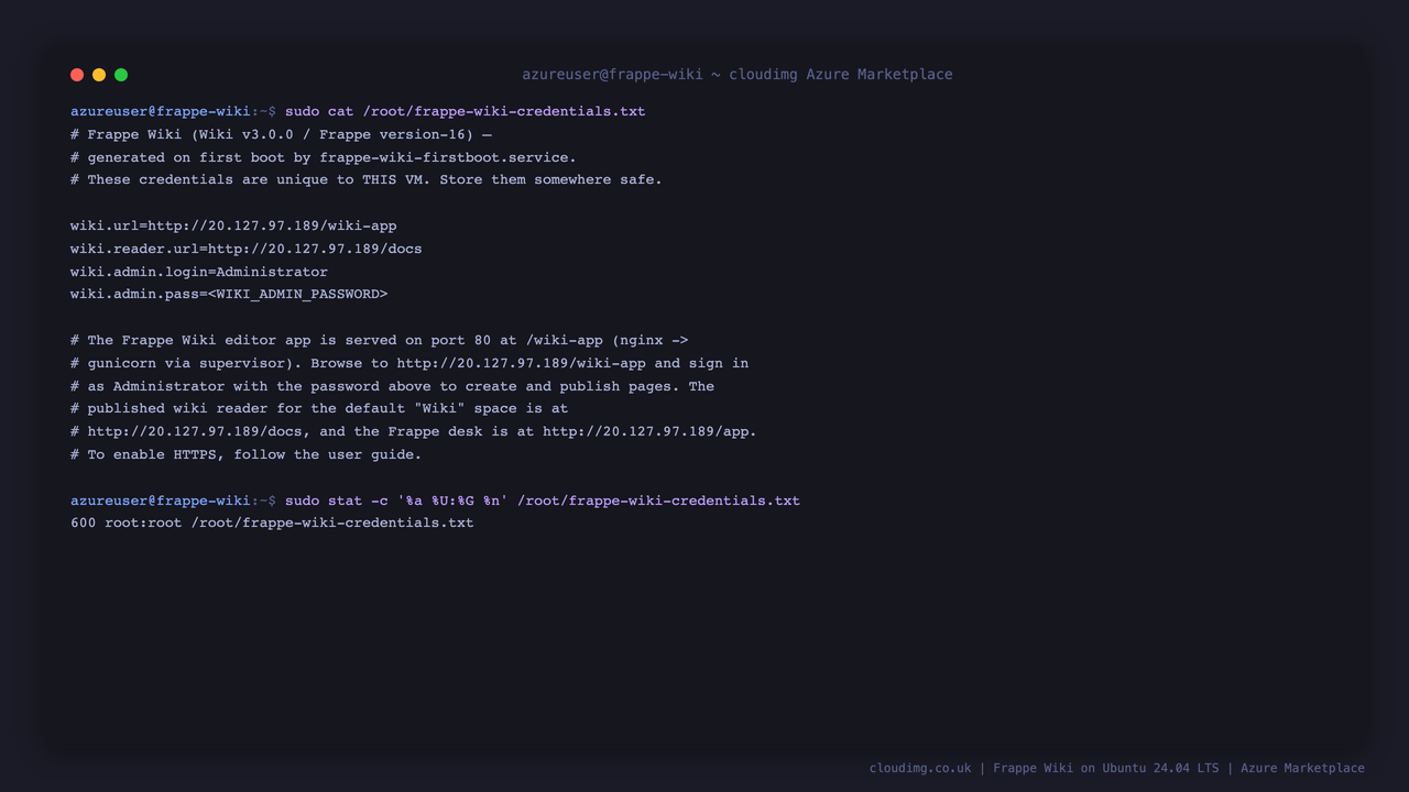 Per-VM Frappe Wiki credentials file