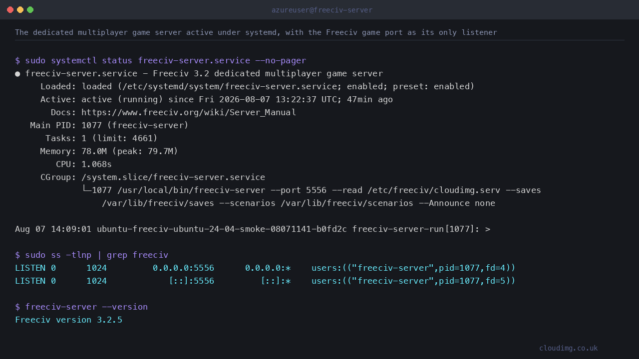 The dedicated multiplayer game server active under systemd, with the Freeciv game port as its only listener