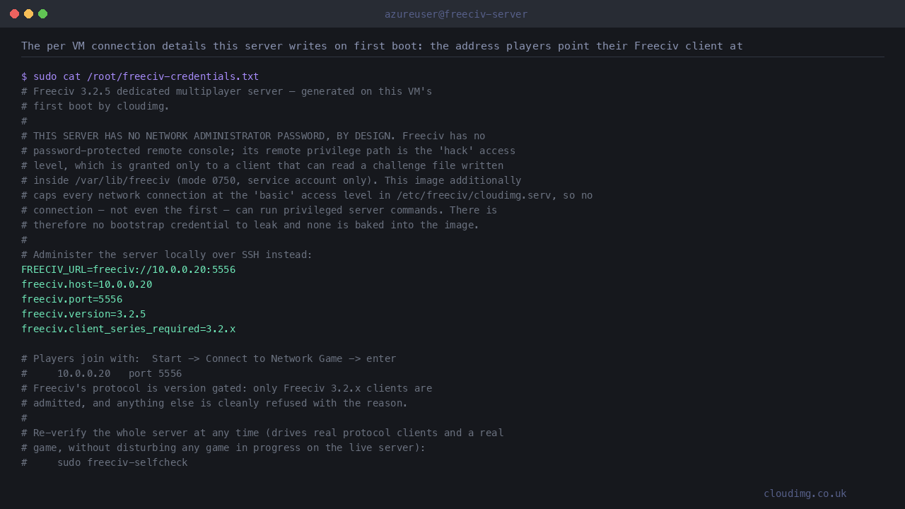 The per VM connection details this server writes on first boot: the address players point their Freeciv client at