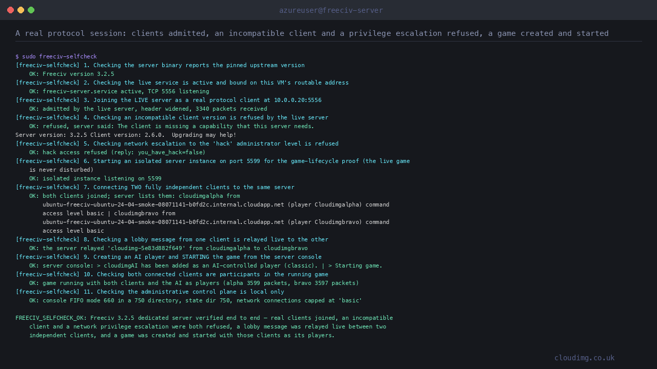 A real protocol session: clients admitted, an incompatible client and a privilege escalation refused, a game created and started