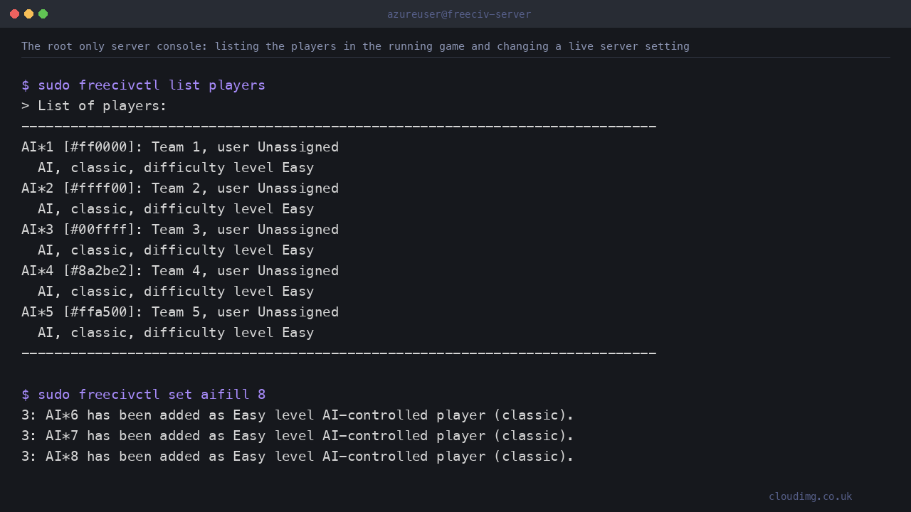 The root only server console: listing the players in the running game and changing a live server setting