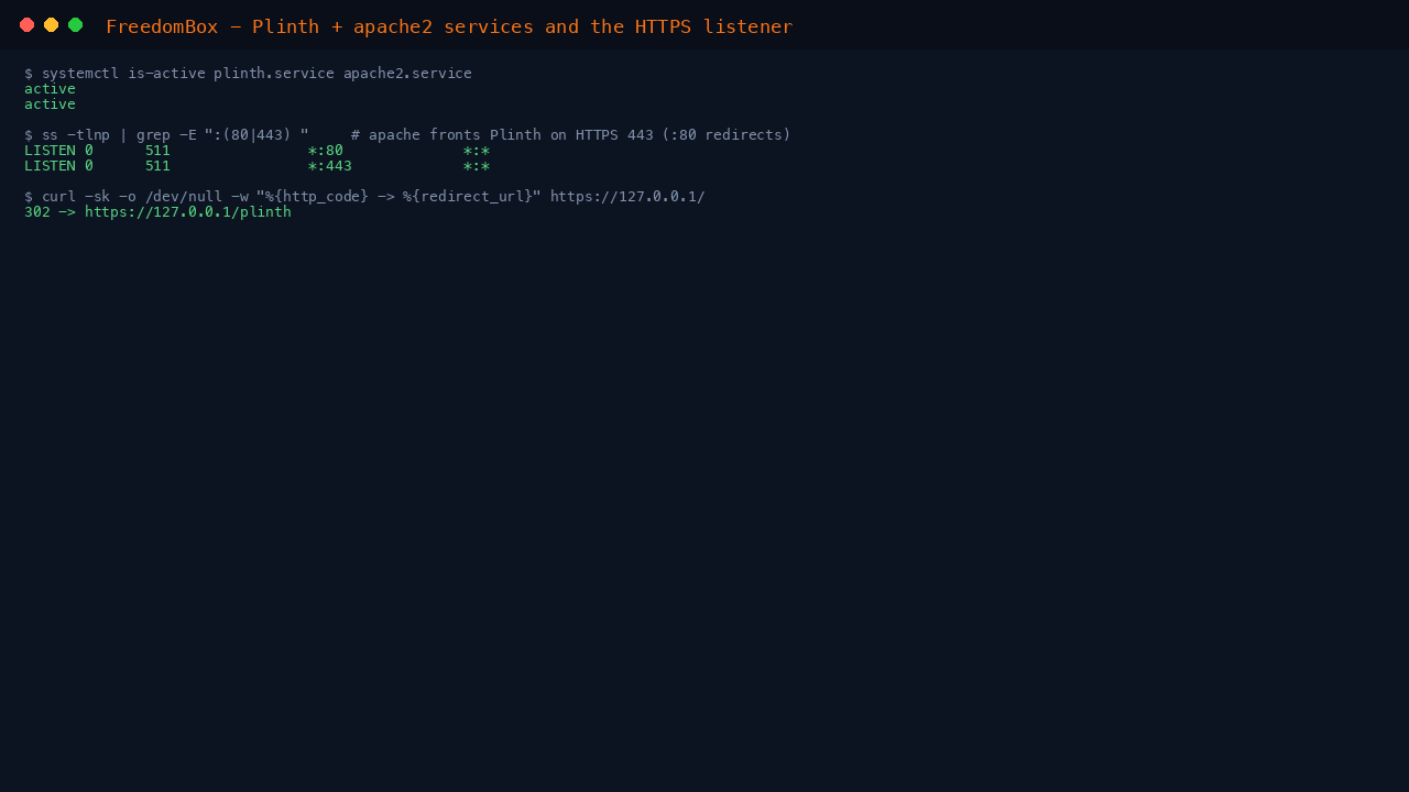 The plinth and apache2 systemd services active and the Apache listeners on ports 80 and 443, with the HTTP port redirecting to the Plinth console over HTTPS