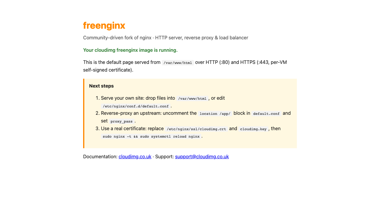 The default cloudimg freenginx landing page rendered in a browser over HTTP, confirming freenginx is serving content