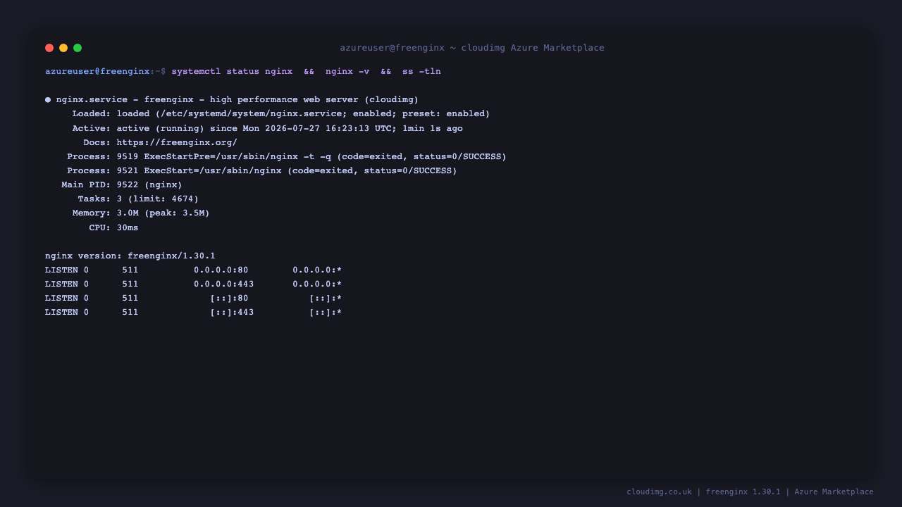 freenginx nginx.service active and enabled, reporting version freenginx/1.30.1 and listening on TCP 80 and 443