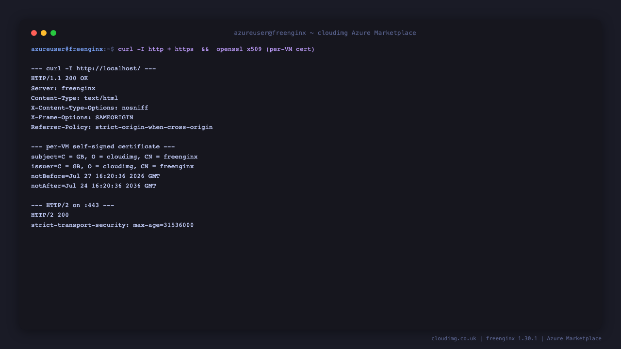 curl showing HTTP 200 with a bare Server: freenginx header and security headers, the per-VM self-signed certificate subject and issuer, and an HTTP/2 200 response with HSTS on port 443