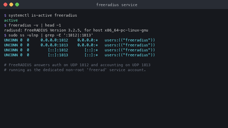 The freeradius service reports active, freeradius -v reports FreeRADIUS Version 3.2.5, and ss shows the server listening on UDP port 1812 for authentication and UDP port 1813 for accounting on all interfaces