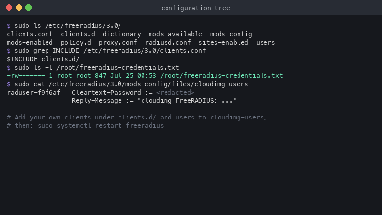 The FreeRADIUS configuration tree under /etc/freeradius/3.0 showing clients.conf including the clients.d directory, the per instance credentials file with mode 0600 owned by root, and the per instance sample user in cloudimg-users