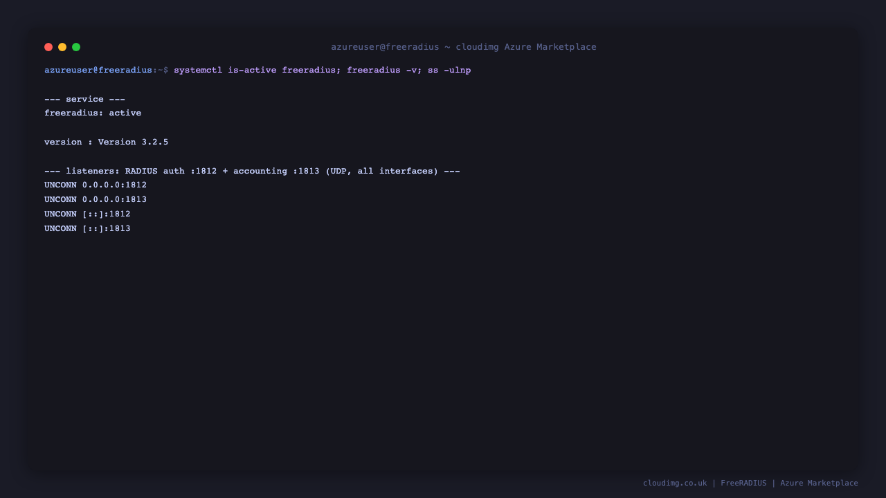 The freeradius service reports active under systemd, the freeradius binary reports Version 3.2.5, and ss shows the server listening on UDP port 1812 for RADIUS authentication and UDP port 1813 for RADIUS accounting on all interfaces, both IPv4 0.0.0.0 and IPv6
