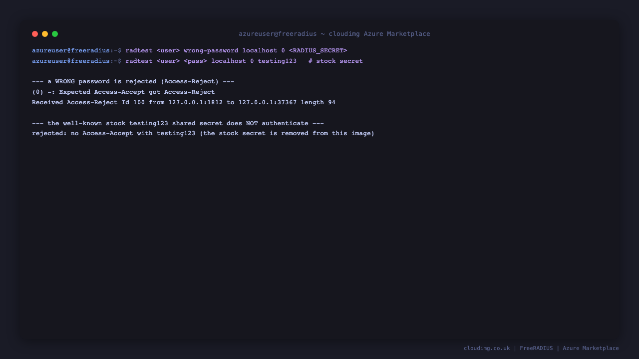 A radtest request for the sample user with a wrong password returns Access-Reject, and a separate test shows that the well known stock testing123 shared secret does not authenticate because it has been removed from this image