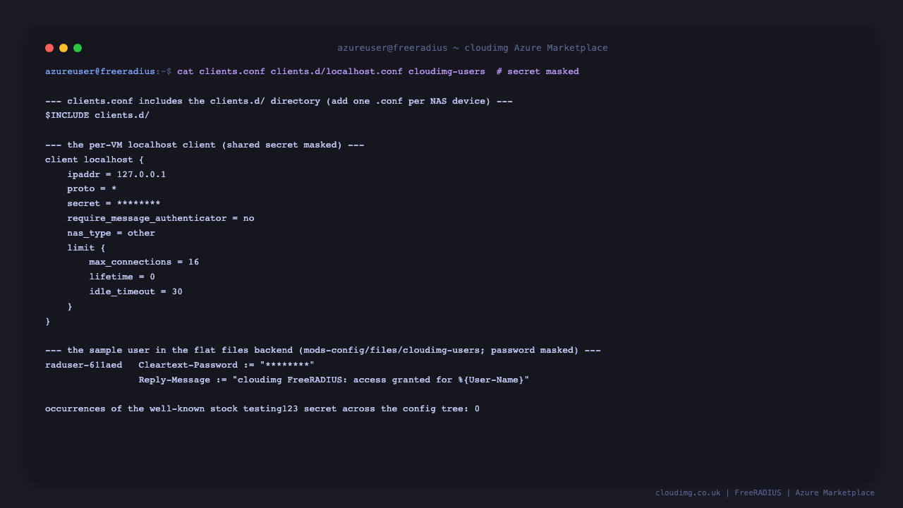 clients.conf includes the clients.d directory so each NAS device is added as its own conf file; the per VM localhost client block is shown with its shared secret masked, the sample user is shown in the flat files backend with its password masked, and the count of the well known testing123 secret across the whole configuration tree is zero