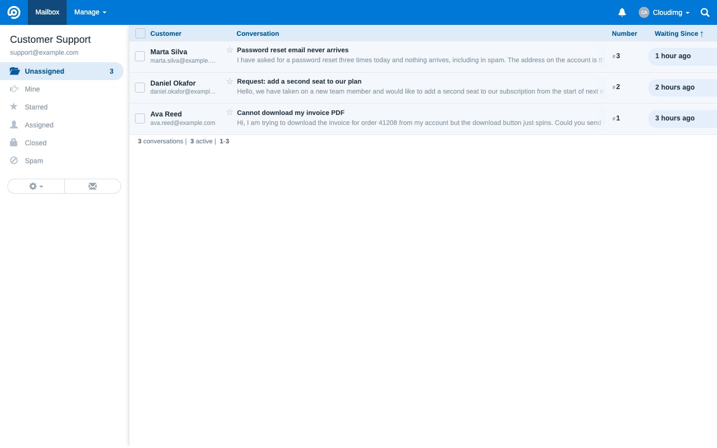 Shared inbox conversation list