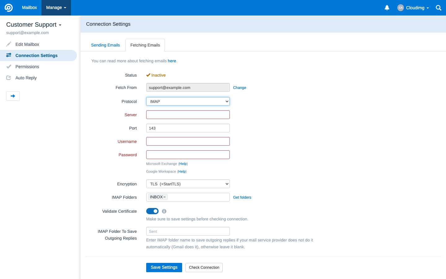 Mailbox connection settings