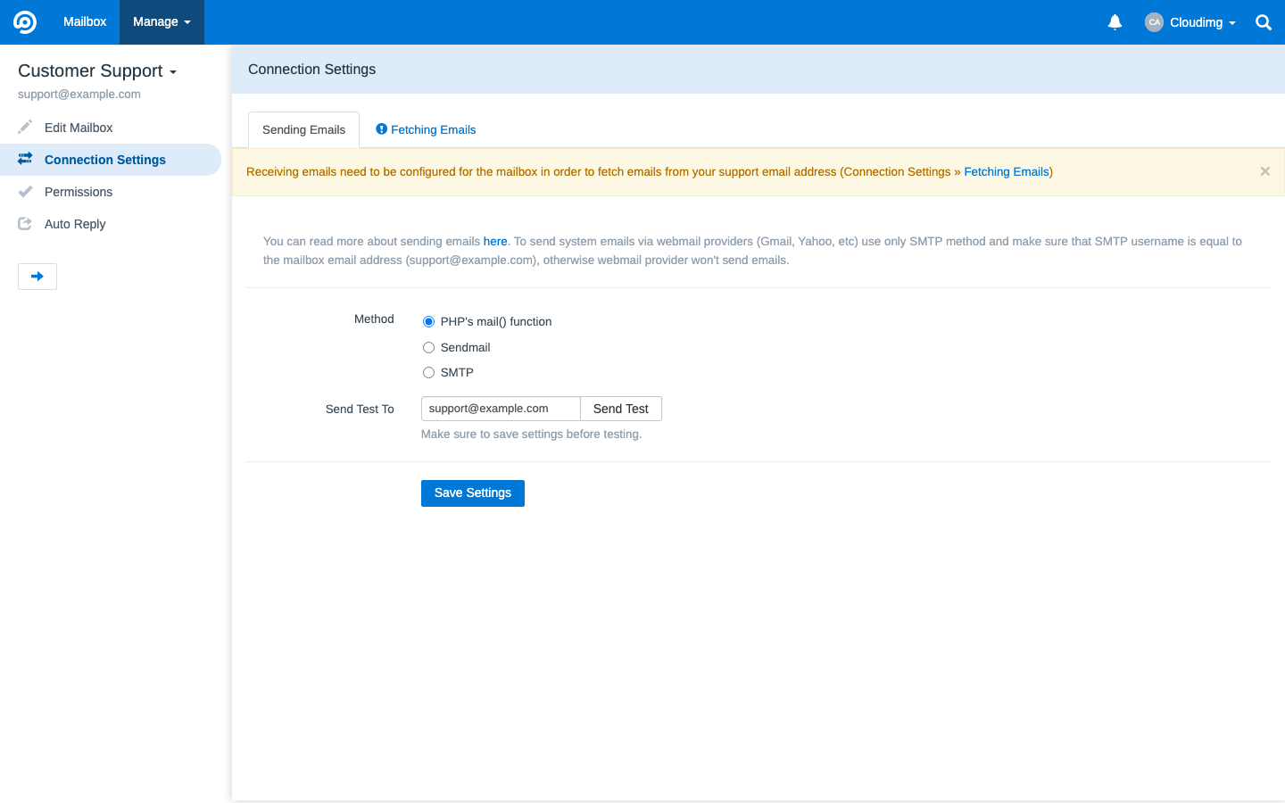 Sending emails settings