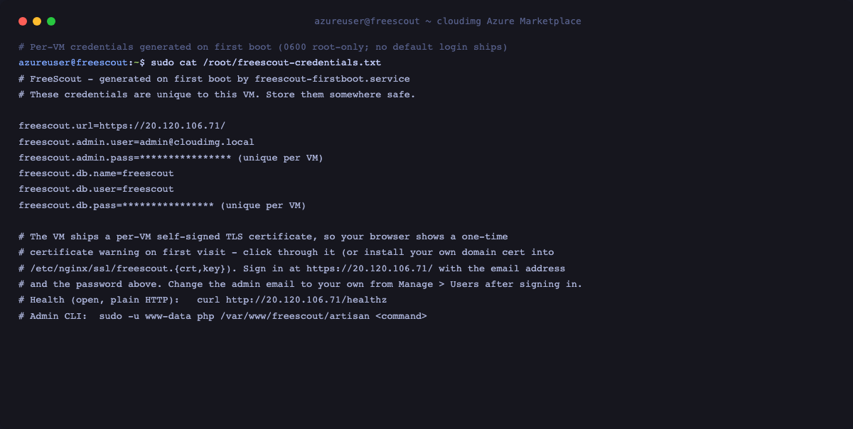 Per-VM credentials, root-only and masked