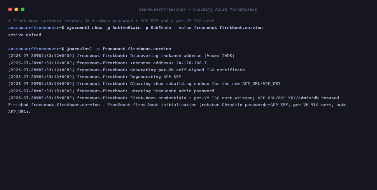 First-boot rotation of the DB password, APP_KEY and per-VM certificate