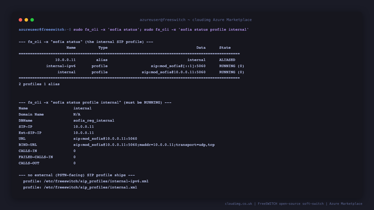 FreeSWITCH sofia status showing the internal SIP profile bound to port 5060 in the RUNNING state, with the external profile deliberately absent so there is no PSTN facing surface