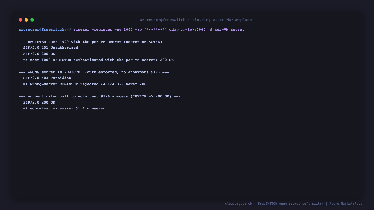 A SIP REGISTER as user 1000 using the per instance secret returning 200 OK, a wrong secret being rejected with 401 or 403, and an authenticated call to echo test extension 9196 answering with 200 OK