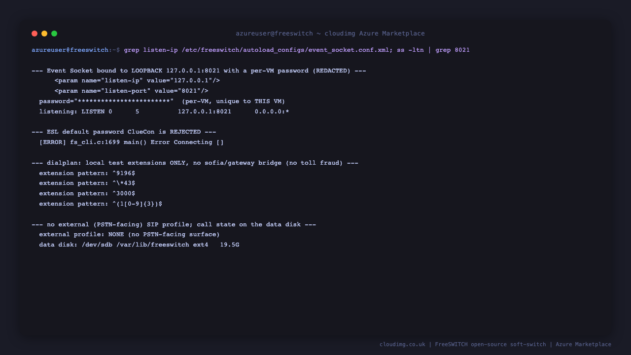 The hardened configuration: the Event Socket bound to loopback 127.0.0.1 port 8021 with a redacted per instance password, the dialplan showing only local test extensions with no gateway bridge, and the sip_profiles directory containing only the internal profile with no external PSTN facing profile