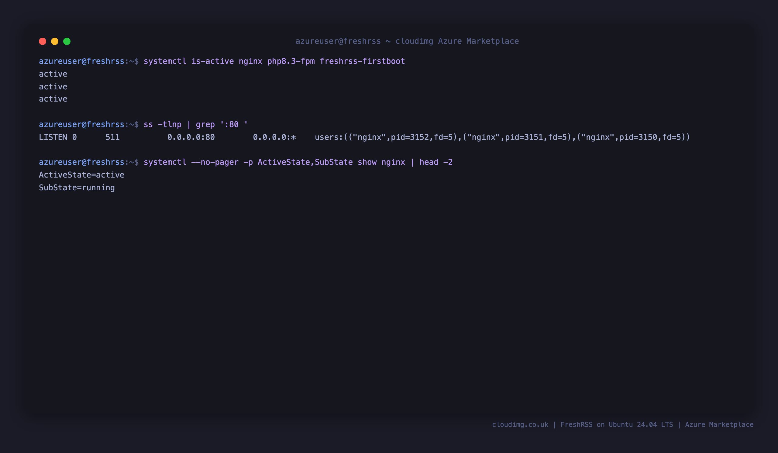 nginx, php8.3-fpm and the freshrss-firstboot service active, with nginx listening on port 80