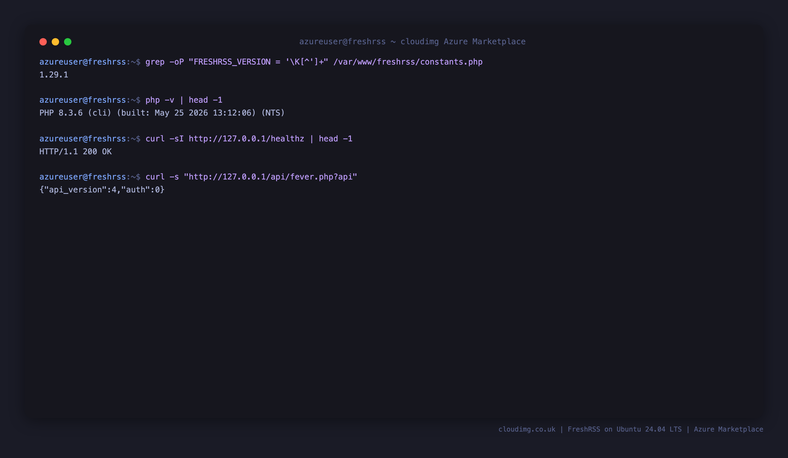 The FreshRSS 1.29.1 release, PHP 8.3 version, the healthz endpoint returning 200 and the Fever API reporting it is enabled