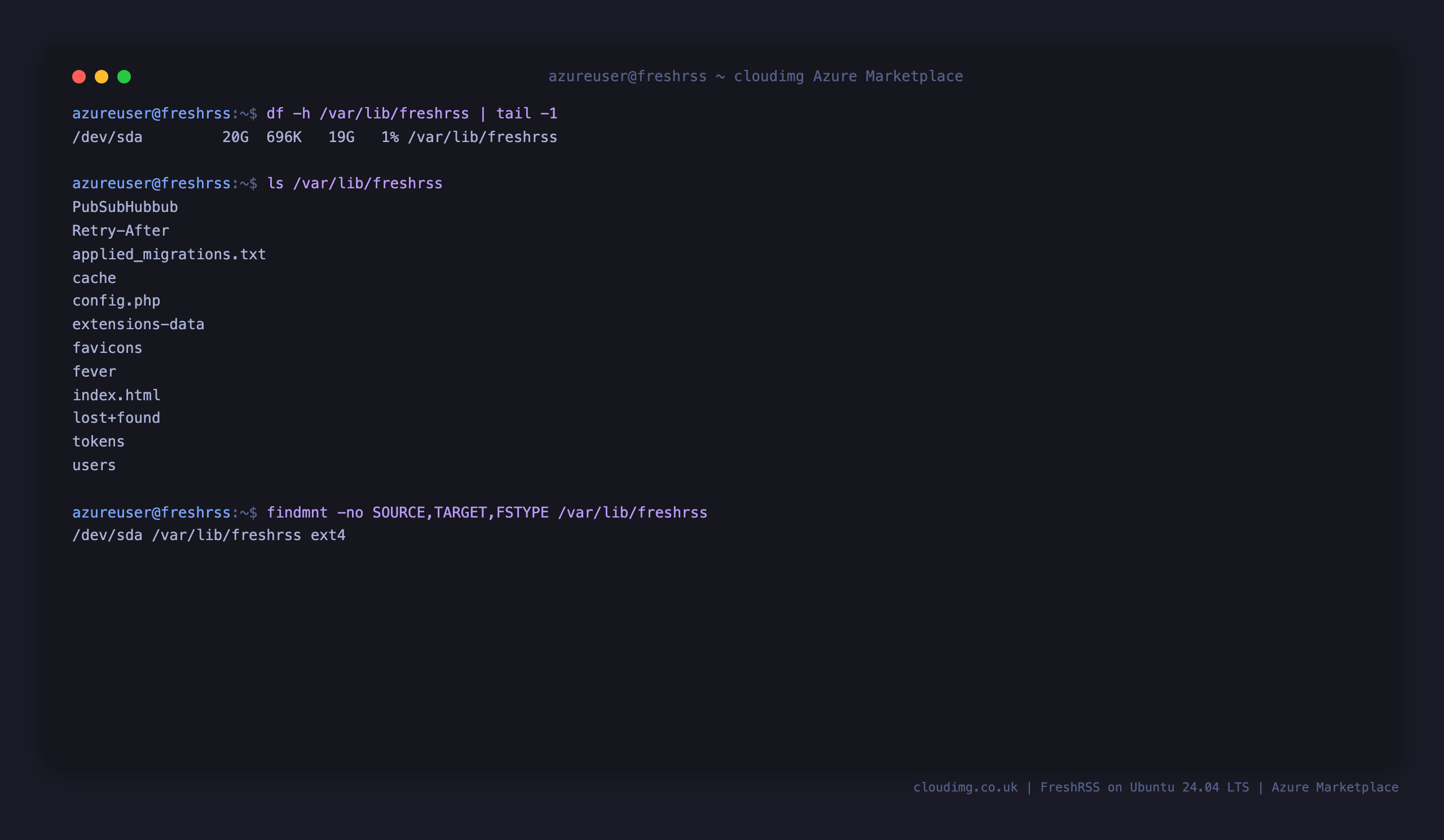 The FreshRSS data directory on the dedicated ext4 data disk, listing the users, cache and favicons directories