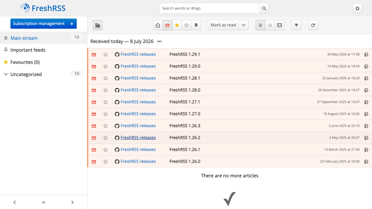 The FreshRSS reader signed in as admin, with subscriptions in the sidebar and articles in the main pane