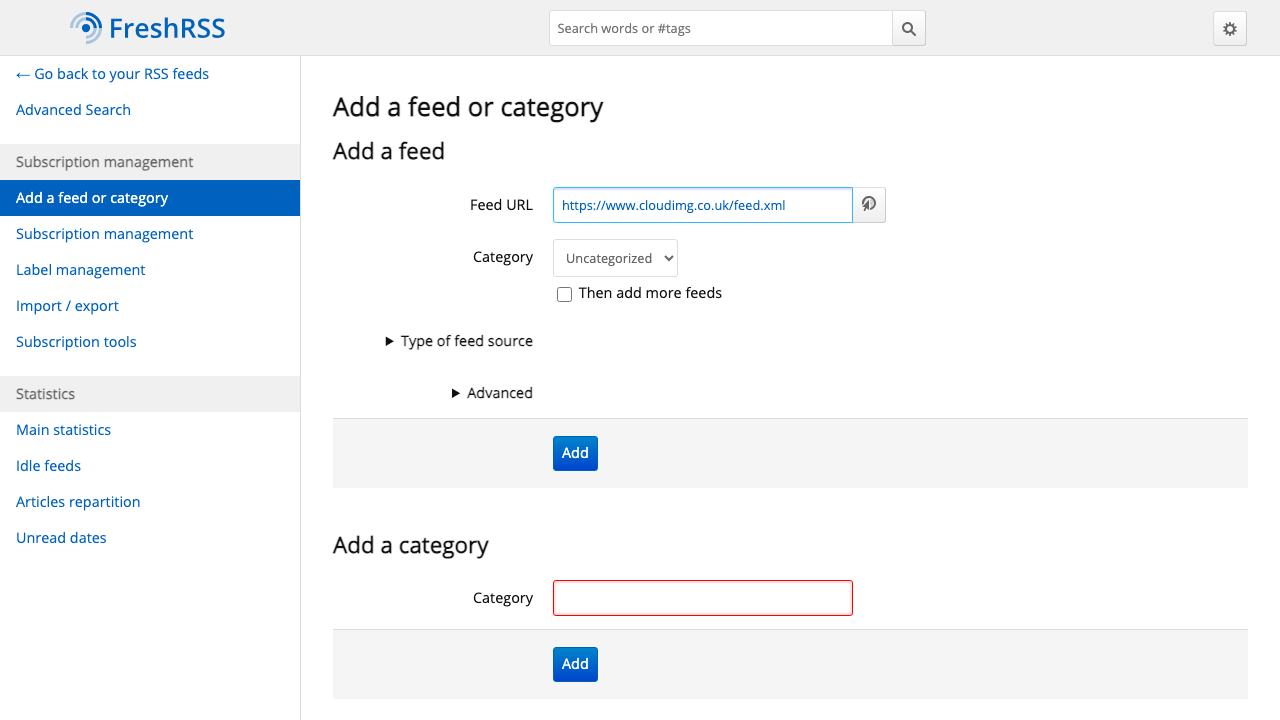 Adding a new subscription in FreshRSS by pasting a feed URL