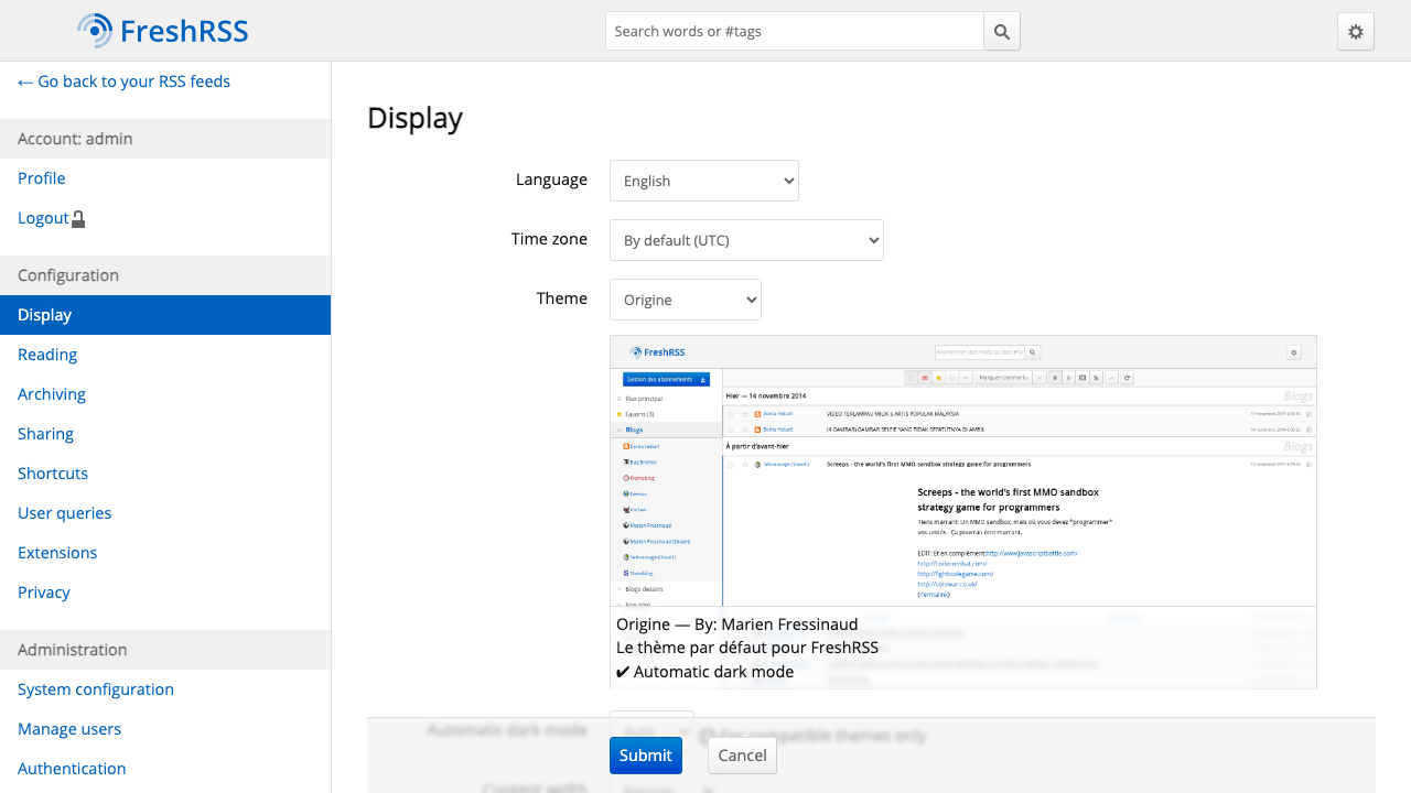 The FreshRSS settings screen