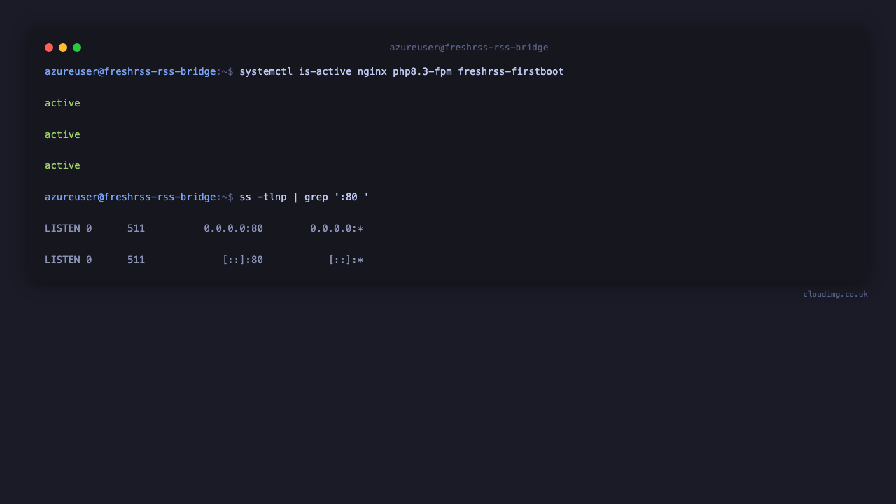 nginx, php8.3-fpm and the freshrss-firstboot service active, with nginx listening on port 80
