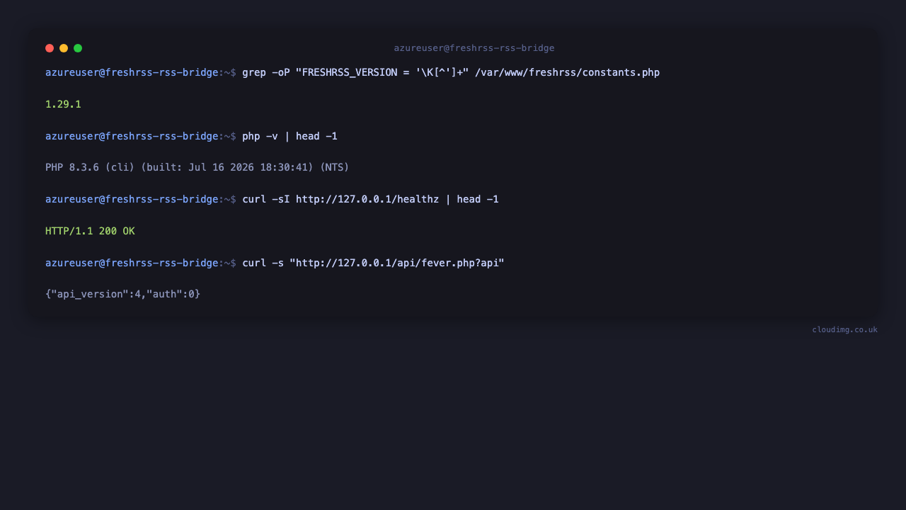 The FreshRSS 1.29.1 release, PHP 8.3 version, the healthz endpoint returning 200 and the Fever API reporting it is enabled