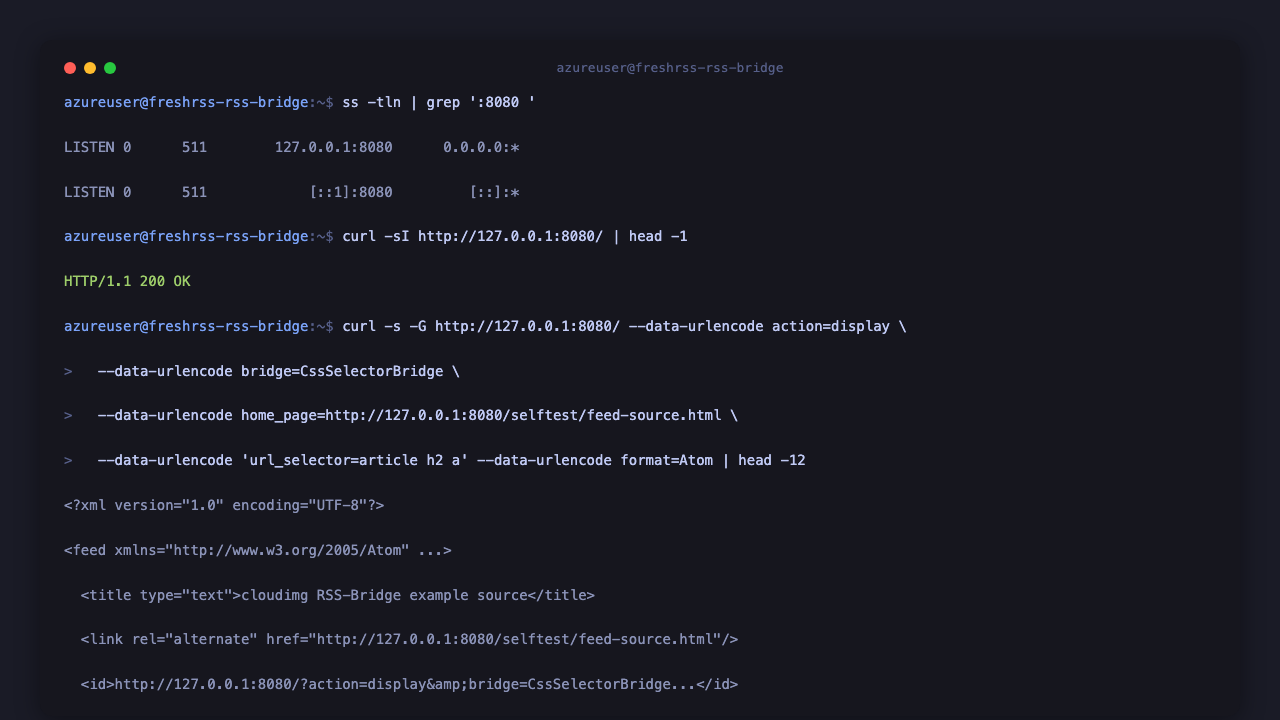 The CSS Selector Bridge generating a valid Atom feed from the built-in self-test source over loopback