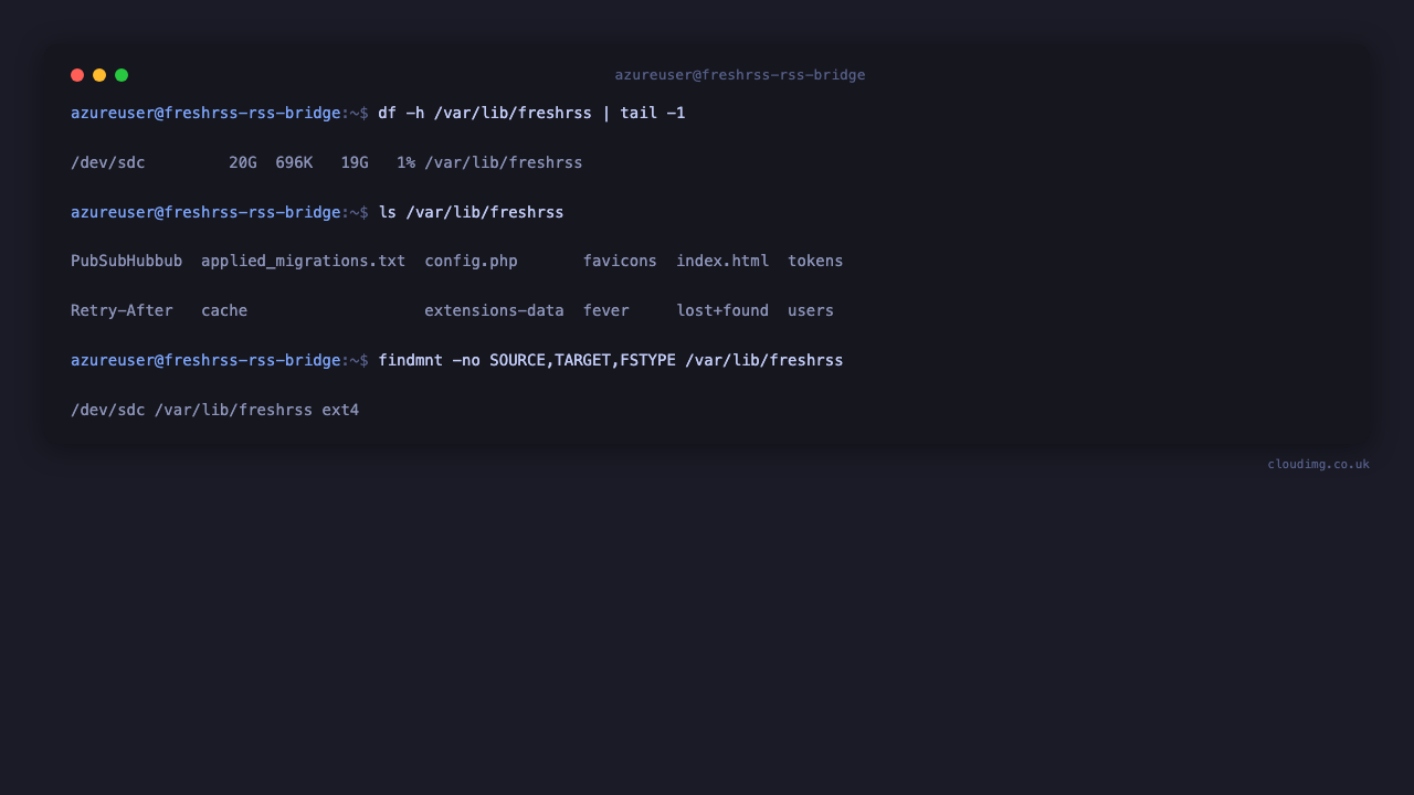 The FreshRSS data directory on the dedicated ext4 data disk, listing the users, cache and favicons directories