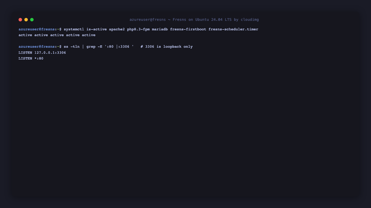 The apache2, php8.3-fpm, mariadb, fresns-firstboot and fresns-scheduler.timer units all active, with Apache listening on port 80 and MariaDB bound to loopback 127.0.0.1:3306