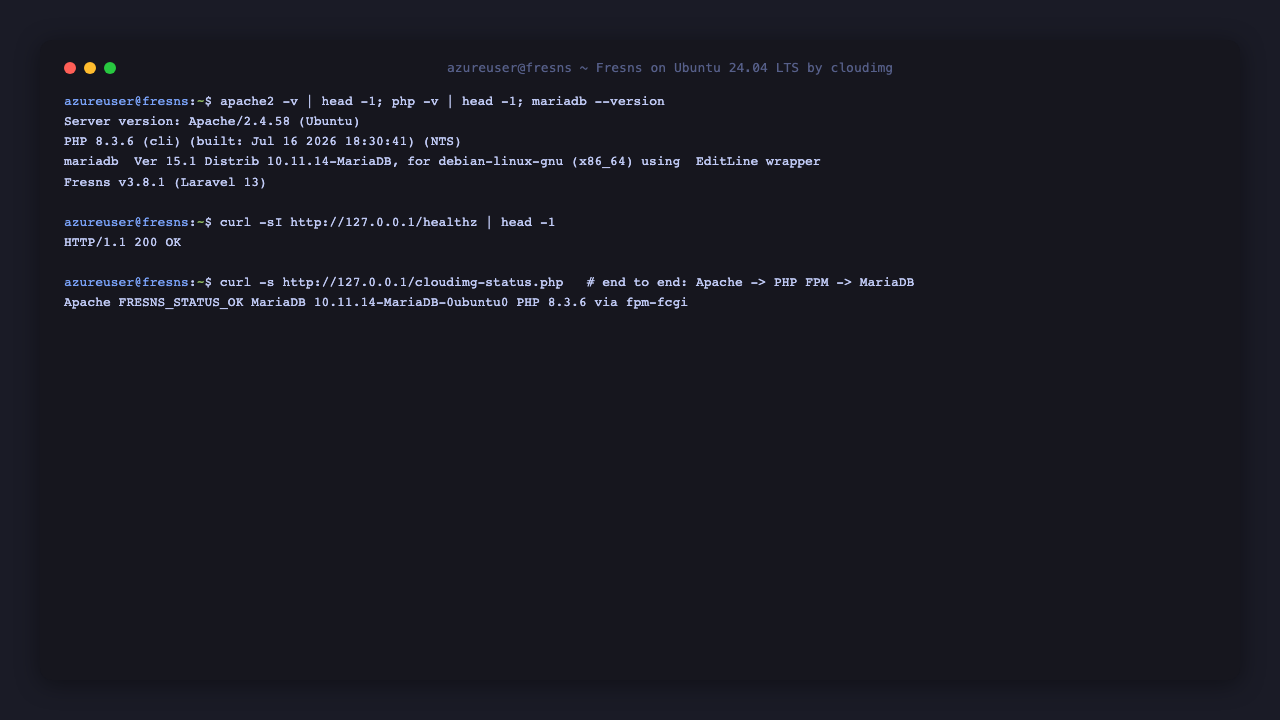 The Apache, PHP and MariaDB versions with the Fresns release, the healthz endpoint returning 200, and the end to end status page round trip printing FRESNS_STATUS_OK