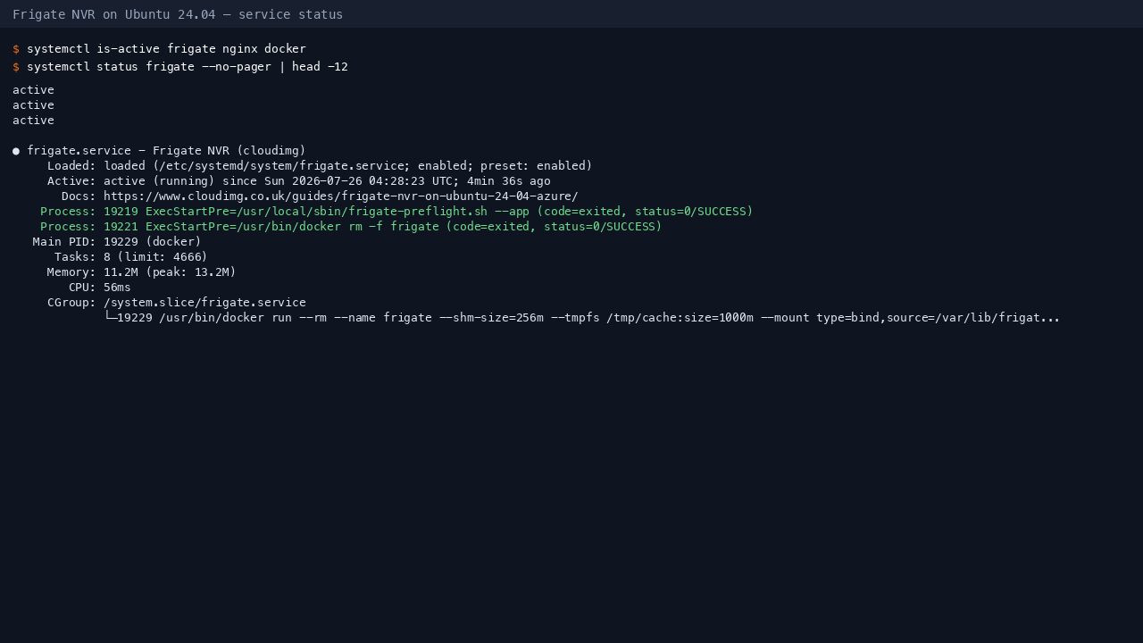 The frigate, nginx and docker services all active on the appliance, with Frigate bound to loopback and nginx on port 80