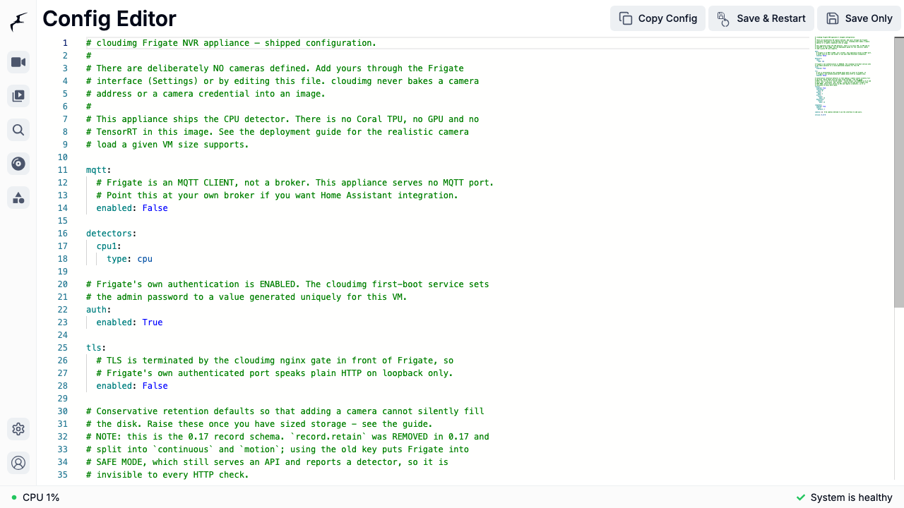 The Frigate configuration editor showing the shipped zero-camera configuration with the CPU detector and conservative retention defaults