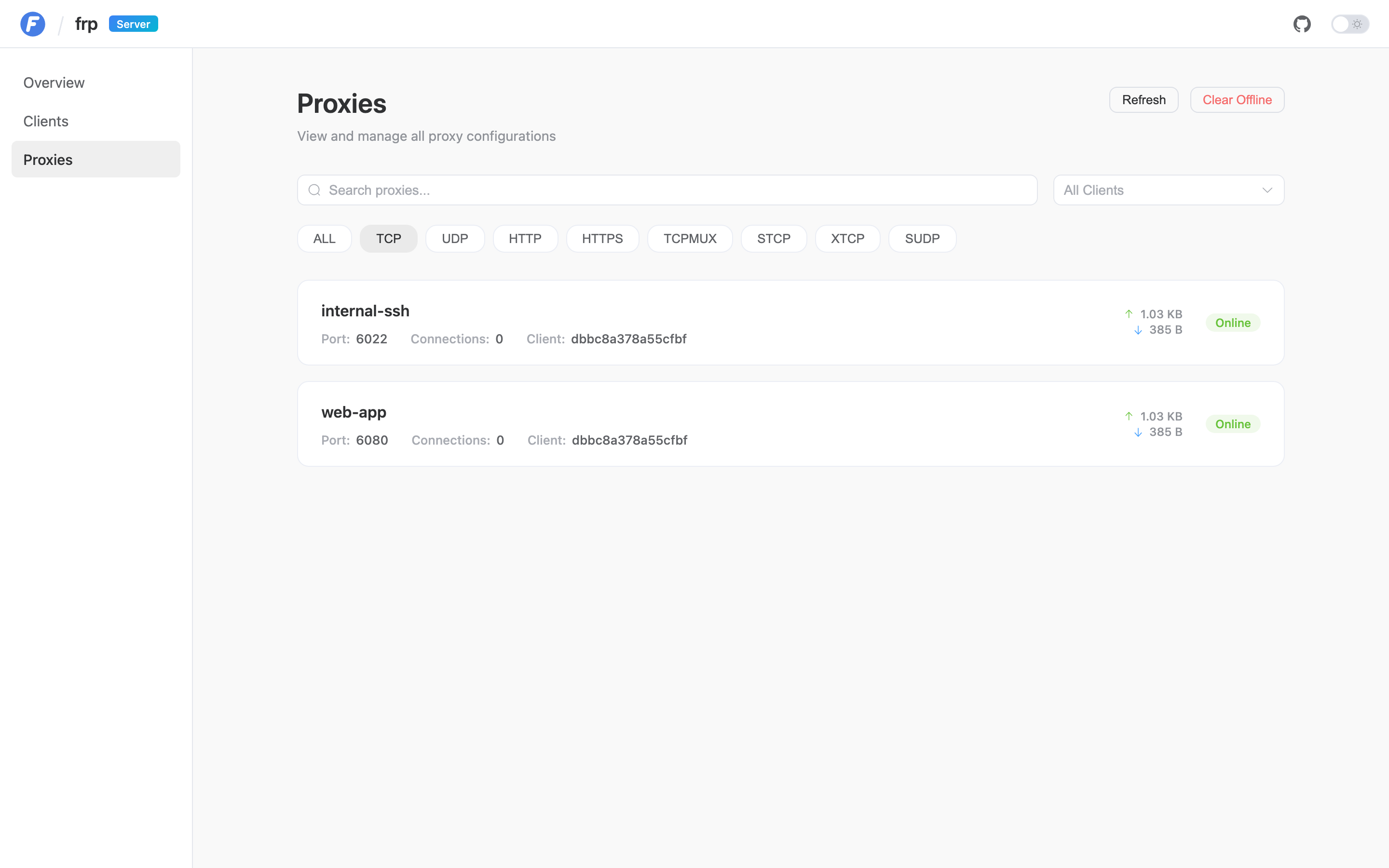 The frps dashboard proxies page listing registered tunnels