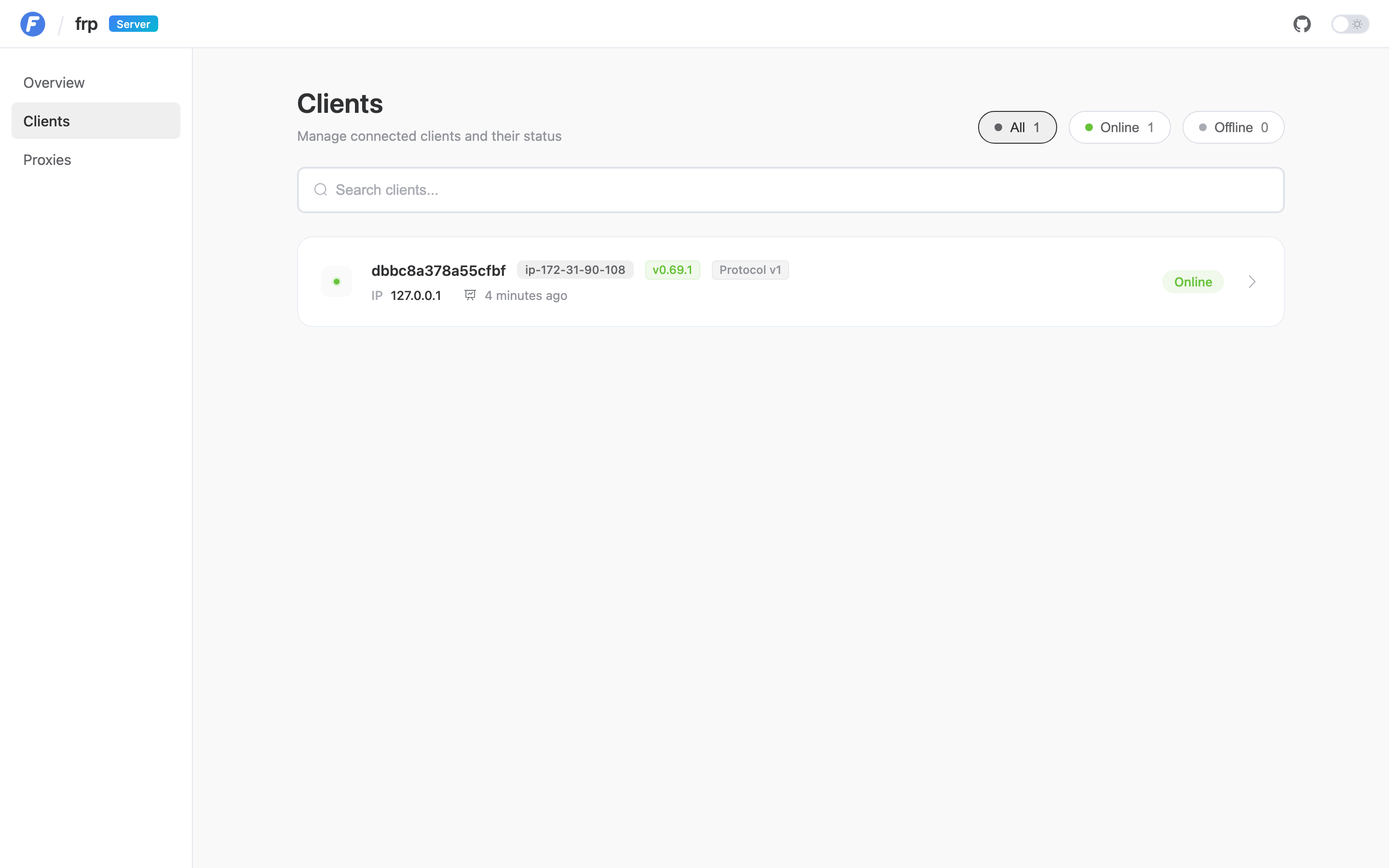 The frps dashboard clients page listing connected frpc clients