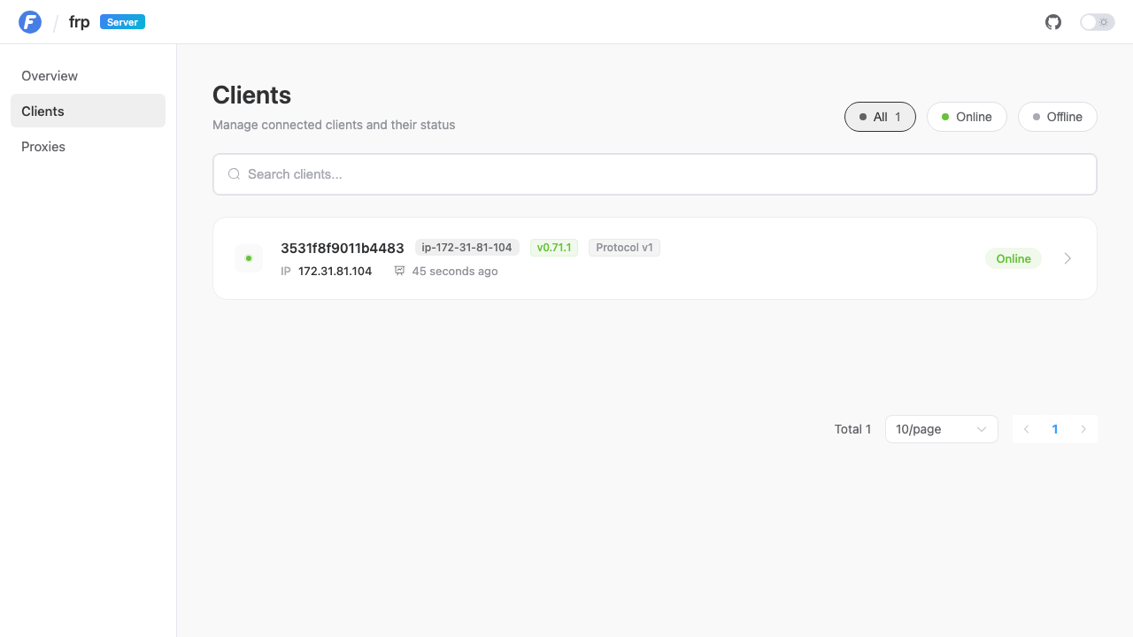 frps dashboard clients page with one online frpc 0.71.1 client