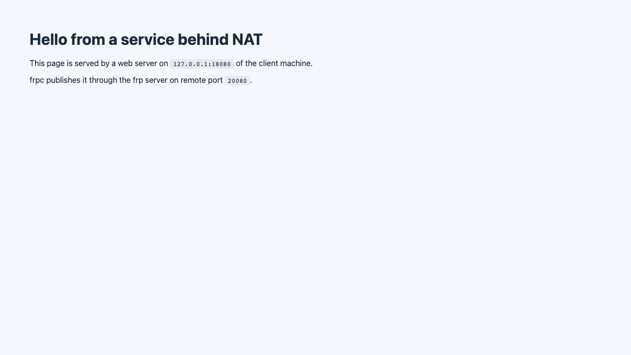 The client's local web page served through the frp server on remote port 20080