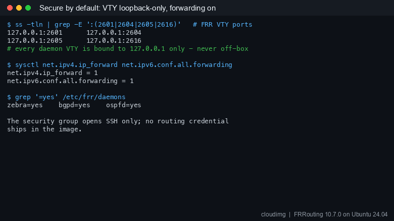 Secure by default: VTY loopback-only, forwarding on