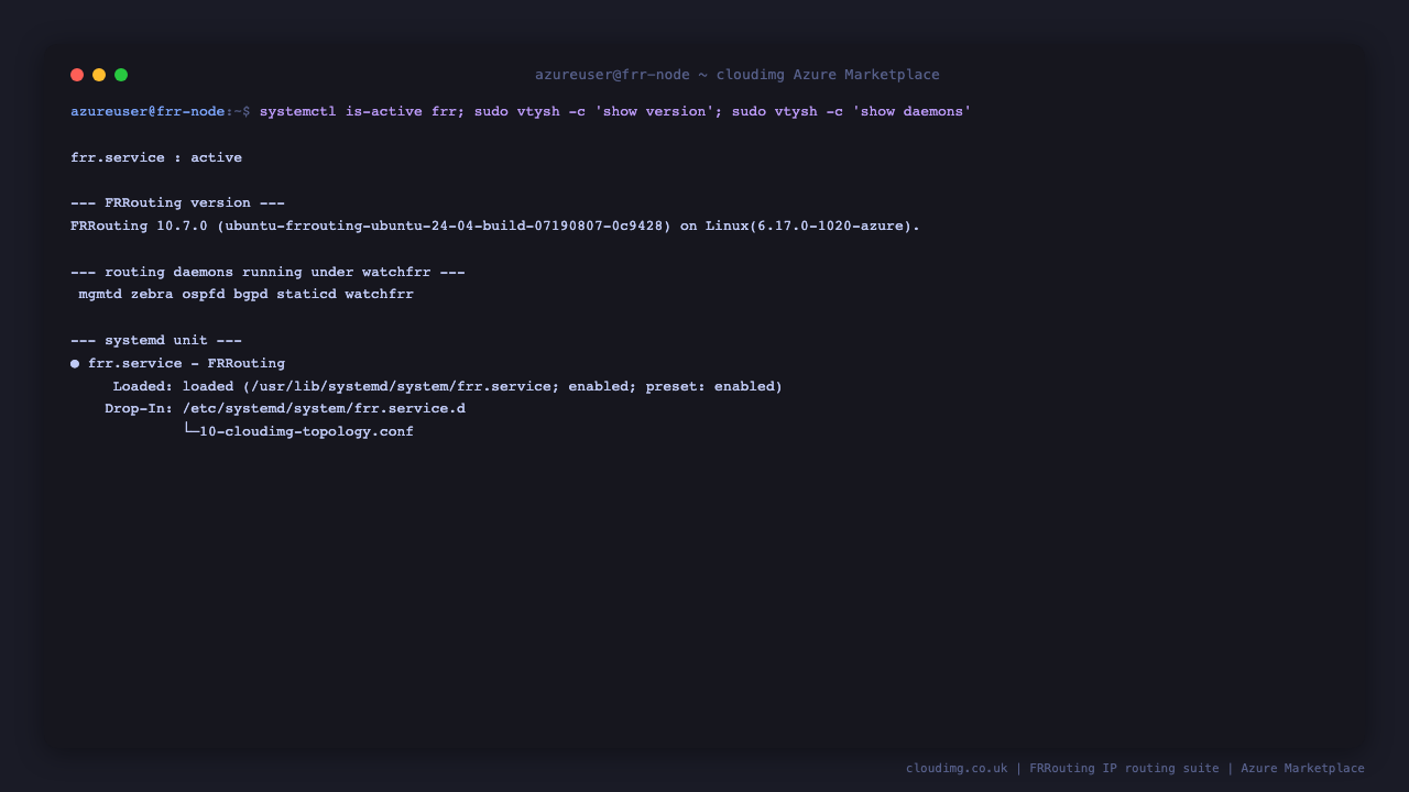 frr.service reports active, vtysh show version reports FRRouting 10.7.0 on the Azure kernel, show daemons lists mgmtd zebra ospfd bgpd staticd and watchfrr running, and the systemd unit is enabled with the cloudimg topology drop-in